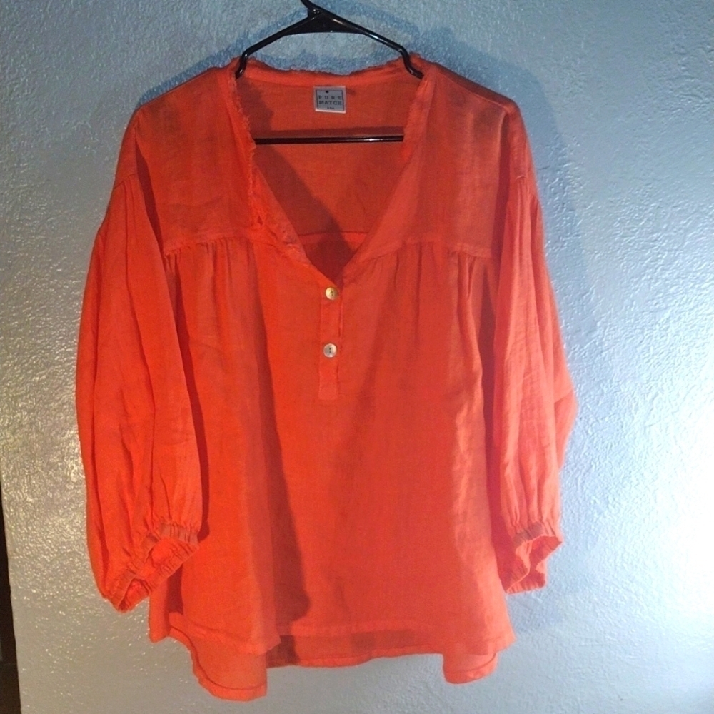 Oversized Coral 100% Linen Pure Match Pullover with 3/4 balloon Sleeve Lagenlook